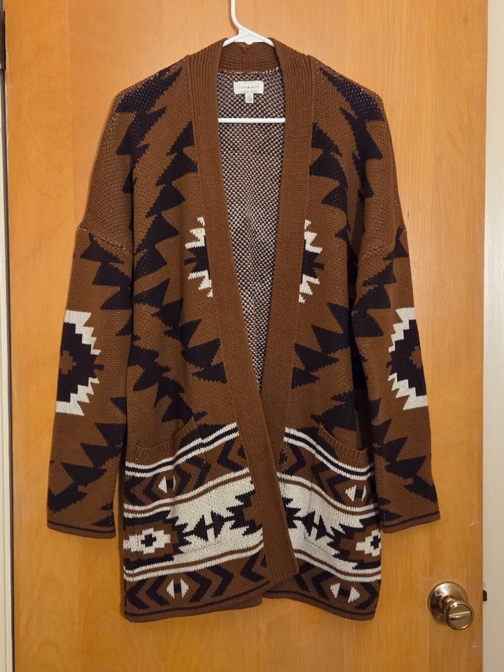 Lucky Brand Open Cardigan Sweater Size L Brown Aztec Knit Southwest Boho Hippie